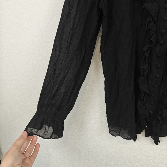 FRAME Silk Sheer Ruffle Long Sleeve V Neck Button Up Peasant Blouse Size XS - Picture 7 of 12